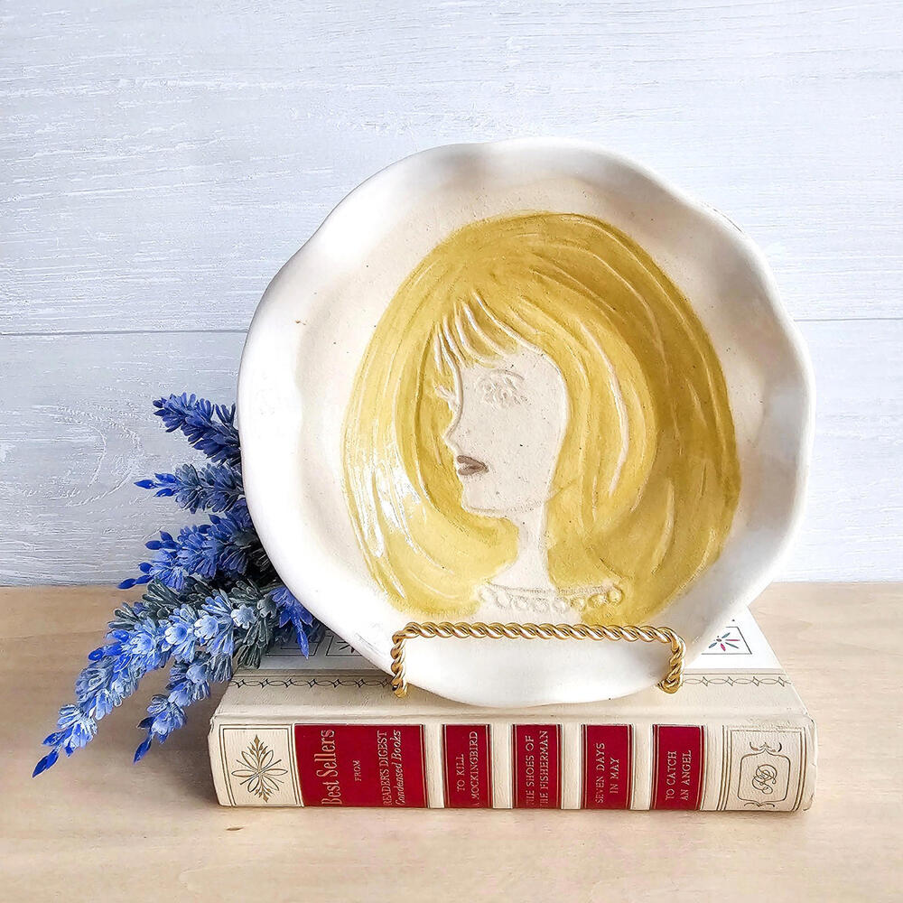 Signed Studio Art Pottery Bowl with Woman's Face on the Bottom 7"